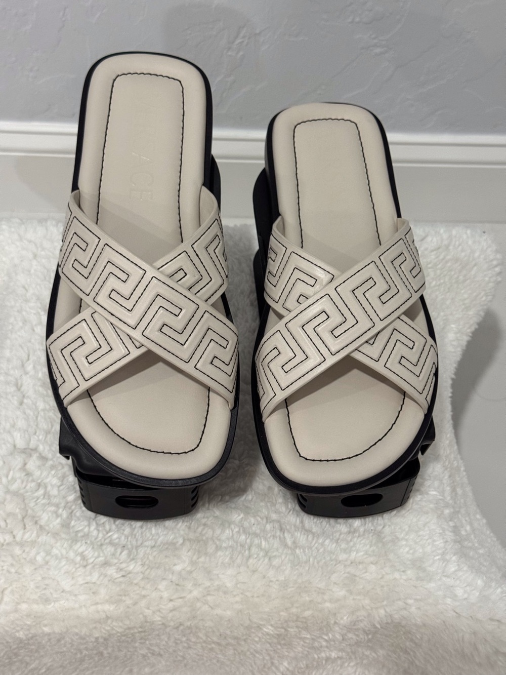 Versace Cream and Black Greek Key Platform Sandals